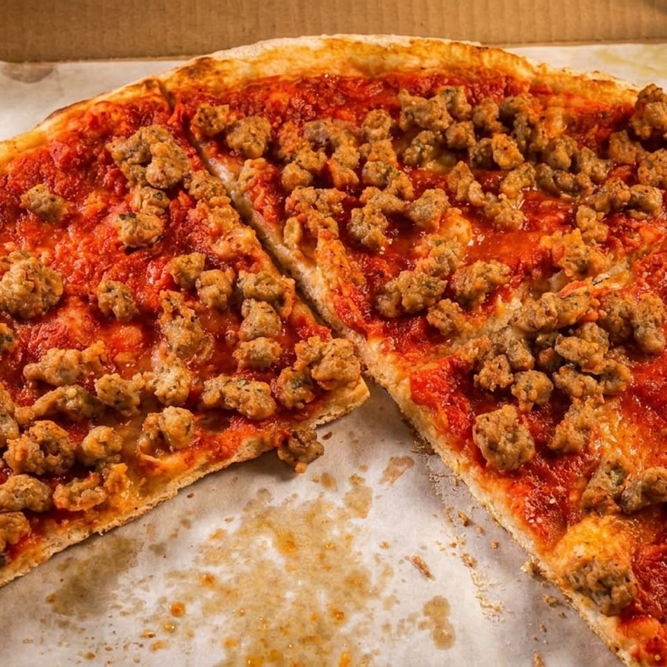 Sausage pizza with rich red sauce and golden crust, sliced in a cardboard delivery box.